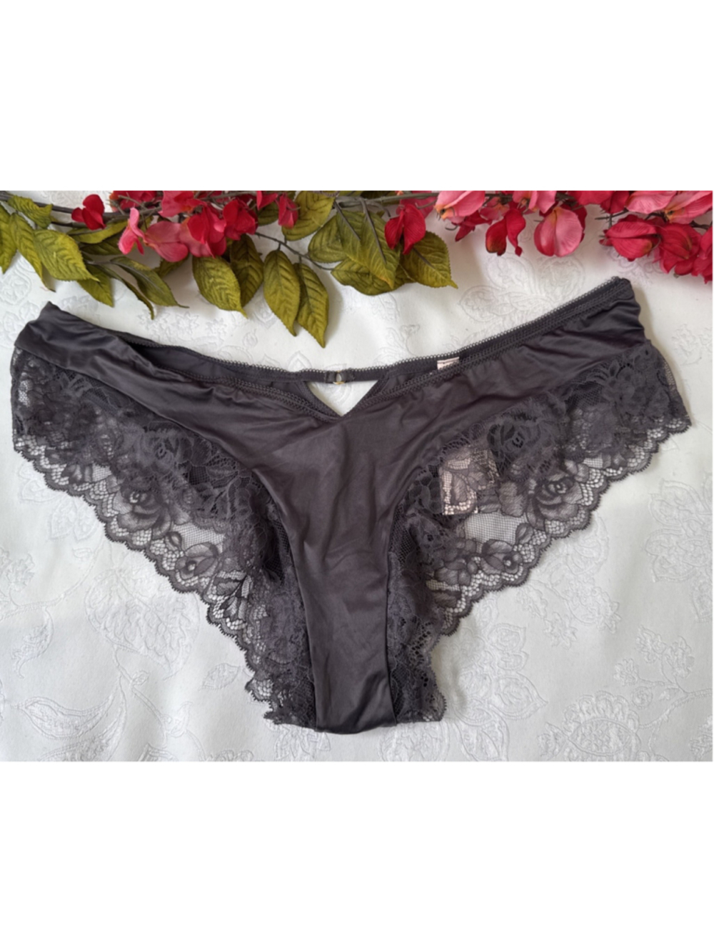 VICTORIA'S SECRET L GRAY SILKY HIGH LEG CHEEKY PANTIES CUT OUT CHARM STRAPPY NWT